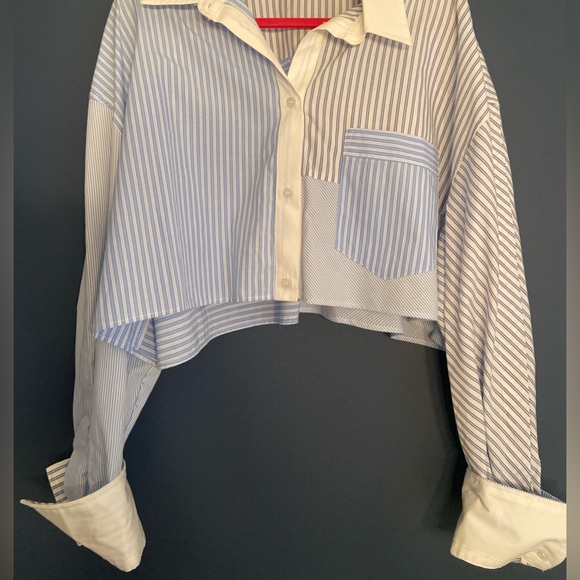 Zara Mixed Striped Crop Shirt - Blue White - Picture 2 of 4